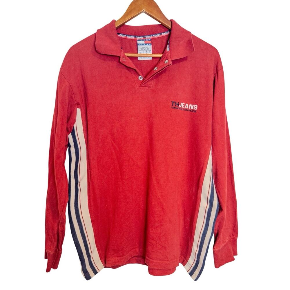 Vintage 2000 Tommy Jeans Red Long Sleeve Polo Shirt Size Medium - Picture 2 of 6